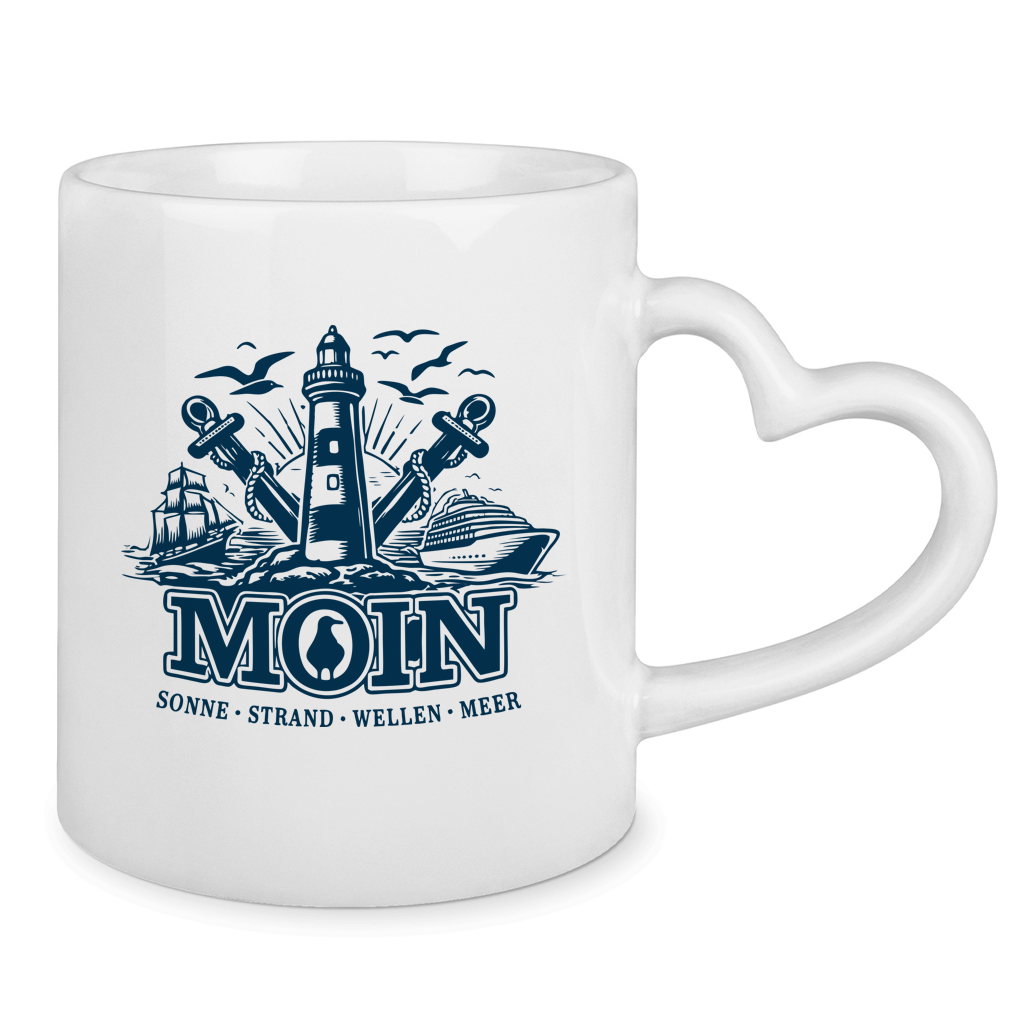 Keramik-Tasse mit Herzhenkel   "MOIN Leuchtturm" #499