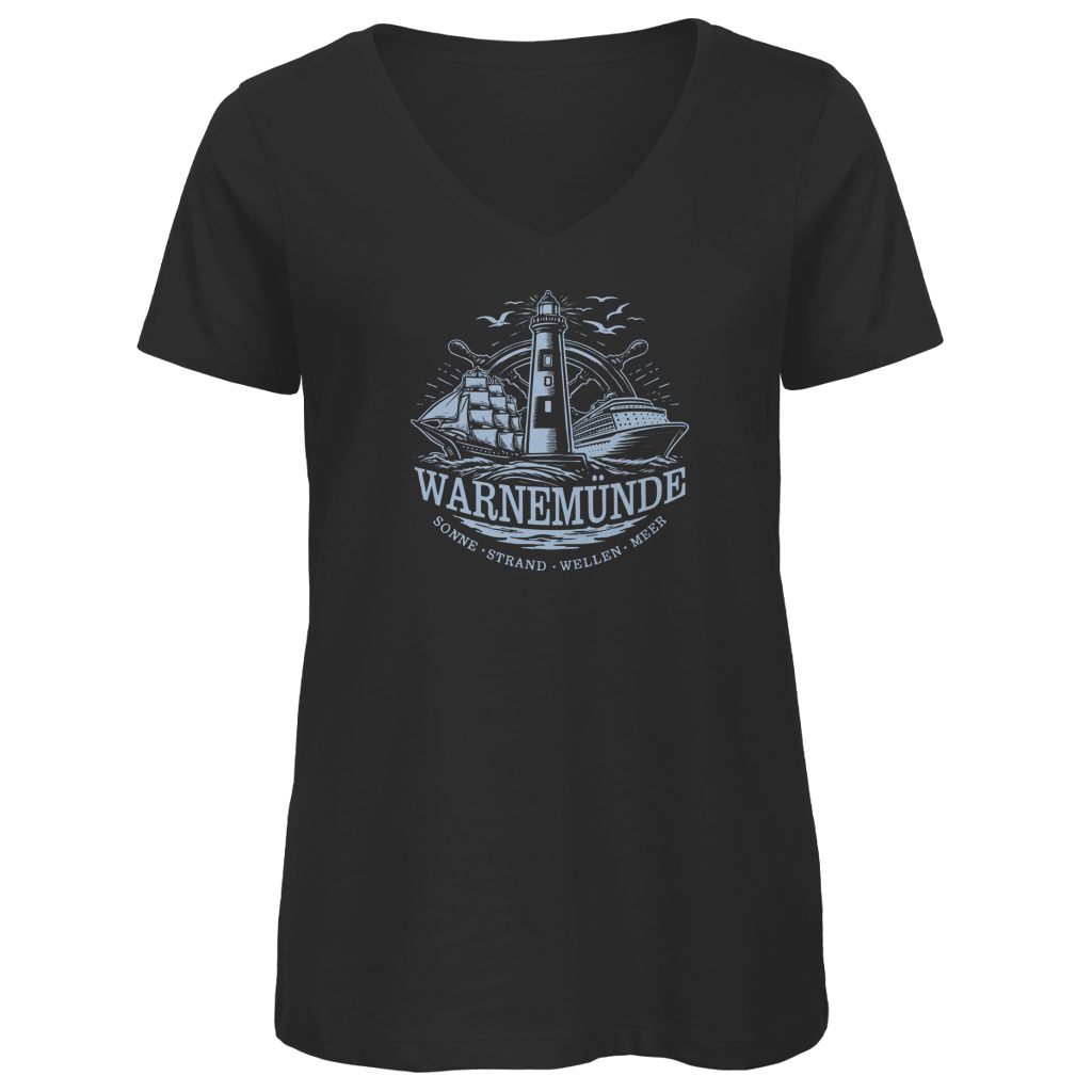 T-Shirt Damen V-Neck "Warnemünde Leuchtturm" #500