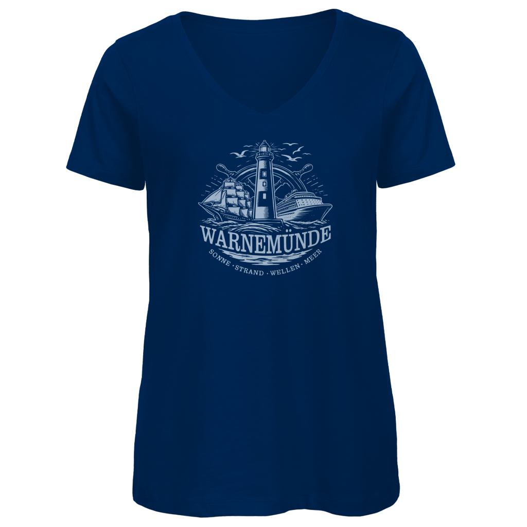 T-Shirt Damen V-Neck "Warnemünde Leuchtturm" #500