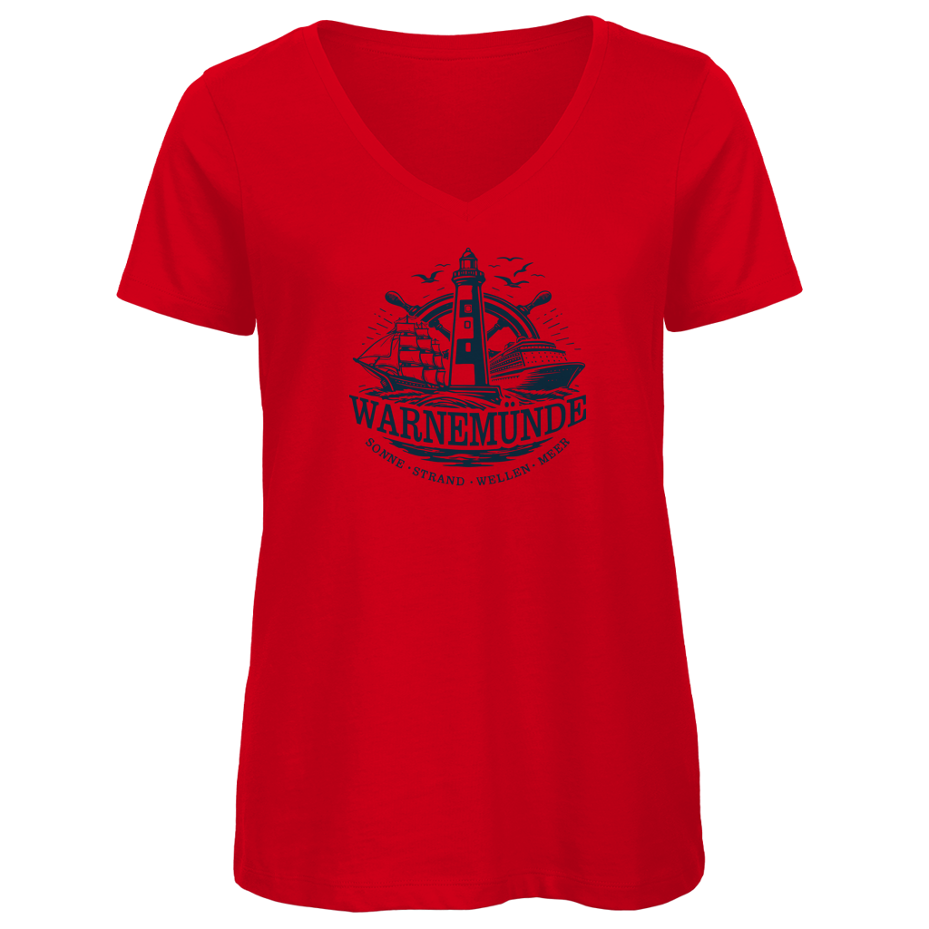 T-Shirt Damen V-Neck "Warnemünde Leuchtturm" #500