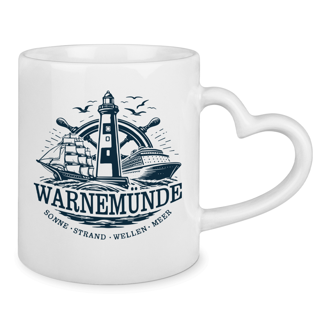 Keramik-Tasse mit Herzhenkel  "Warnemünde Leuchtturm" #500