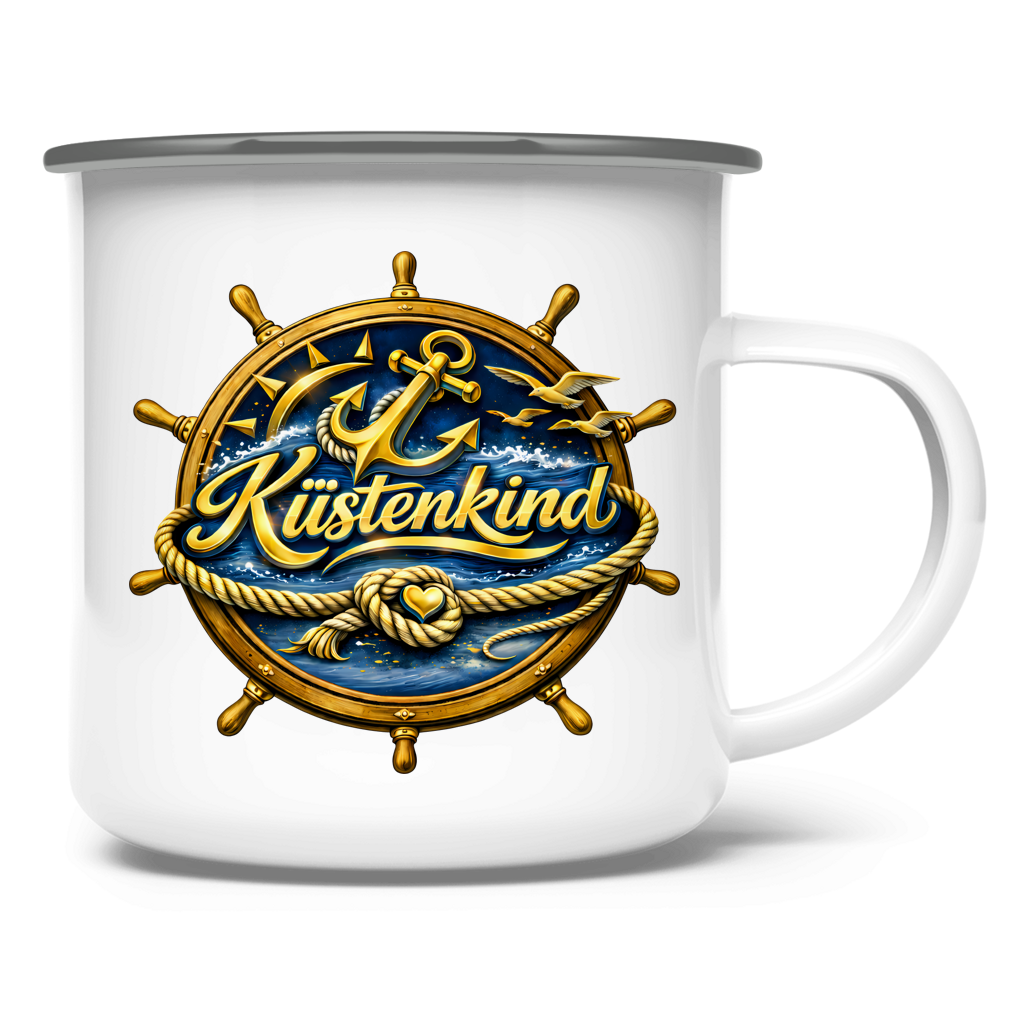 Emaille Tasse  Küstenkind #600 blau-gold