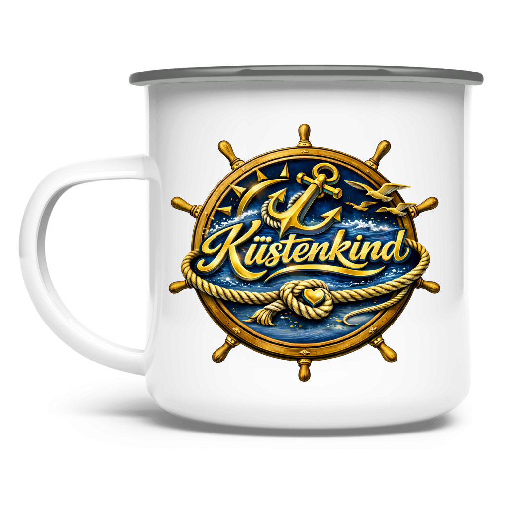 Emaille Tasse  Küstenkind #600 blau-gold