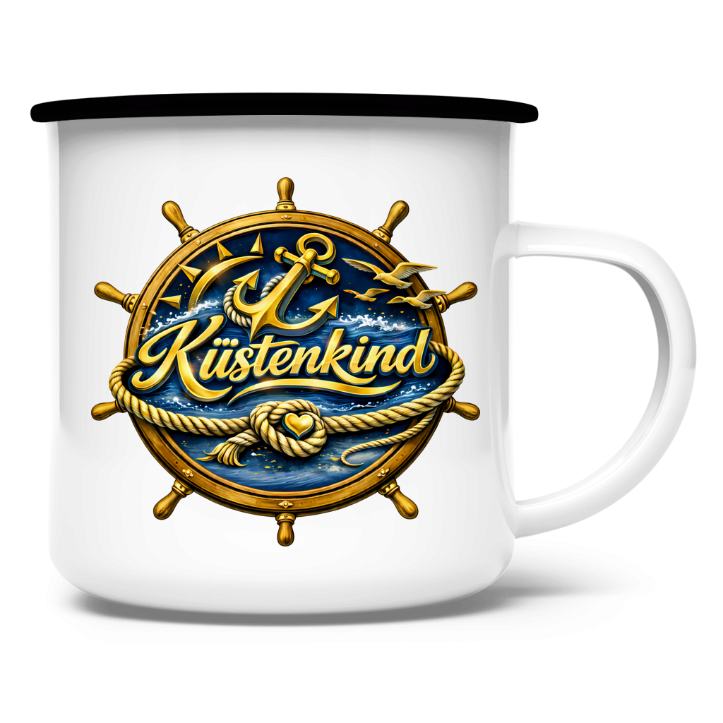 Emaille Tasse  Küstenkind #600 blau-gold