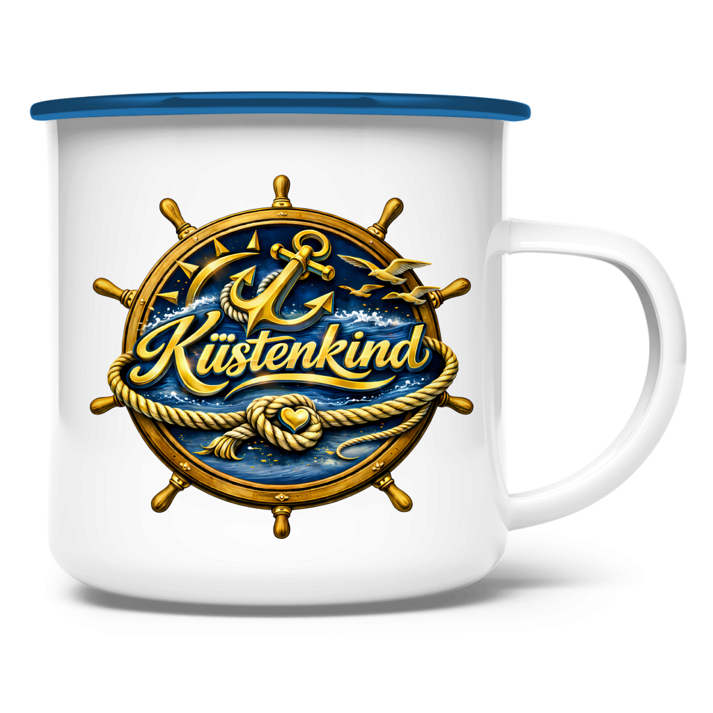 Emaille Tasse  Küstenkind #600 blau-gold