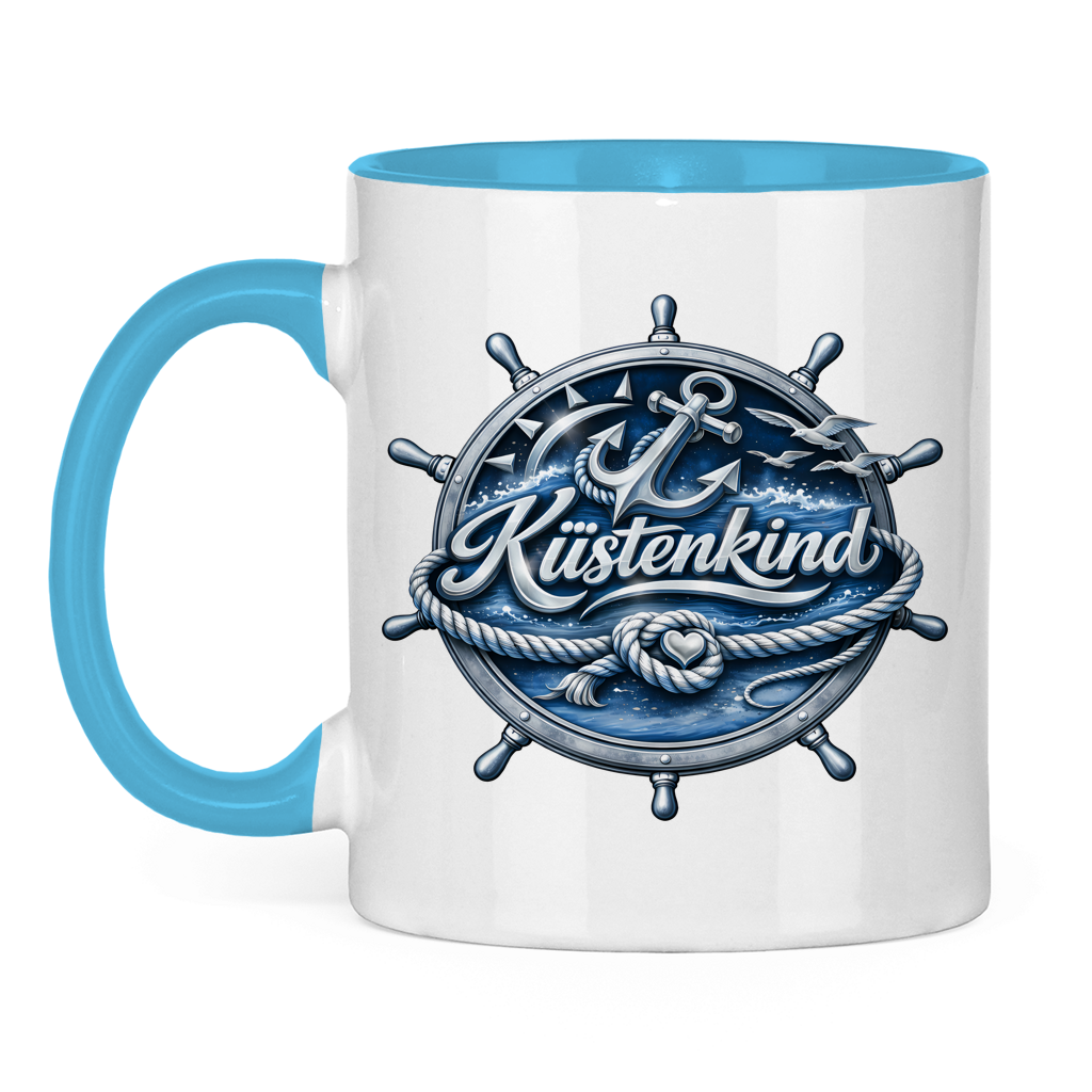 Keramik-Tasse zweifarbig  Küstenkind #600 blau-silber