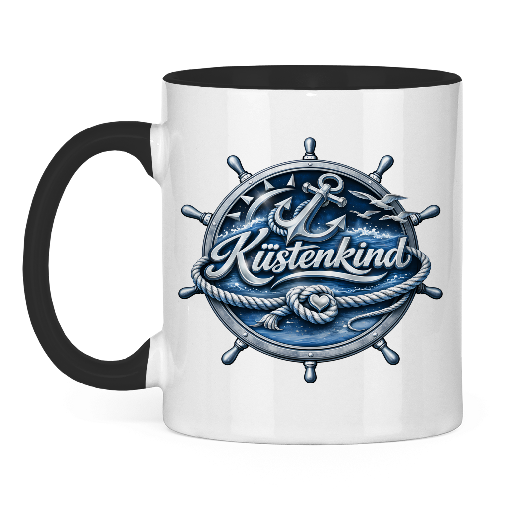 Keramik-Tasse zweifarbig  Küstenkind #600 blau-silber