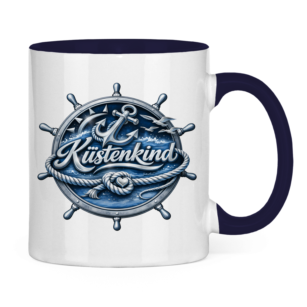 Keramik-Tasse zweifarbig  Küstenkind #600 blau-silber