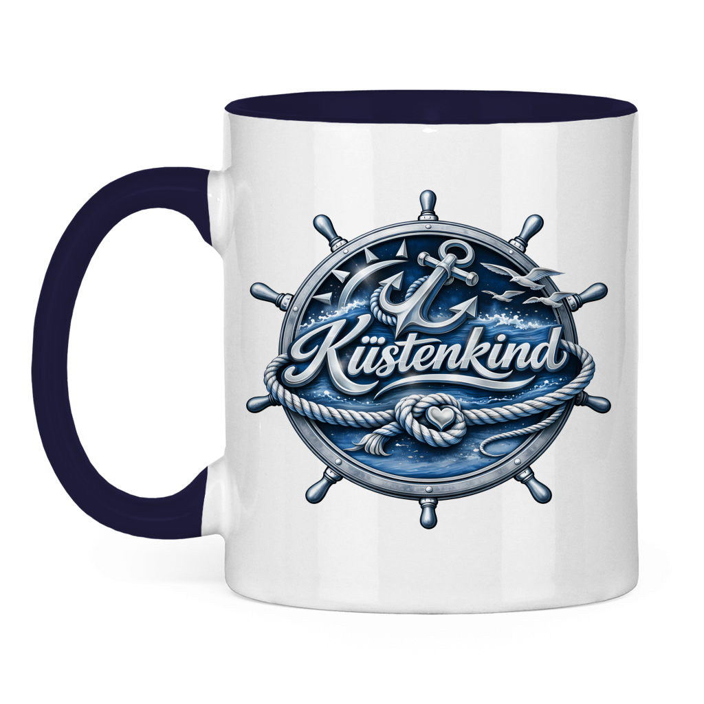 Keramik-Tasse zweifarbig  Küstenkind #600 blau-silber