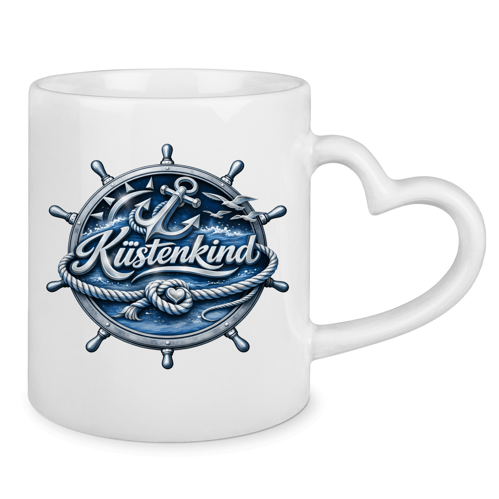 Keramik-Tasse mit Herzhenkel  Küstenkind #600 blau-silber