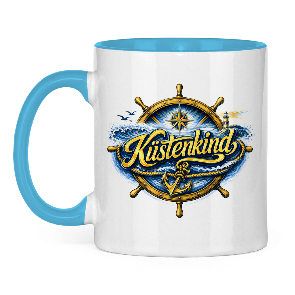 Keramik-Tasse zweifarbig   Küstenkind #601 blau-gold