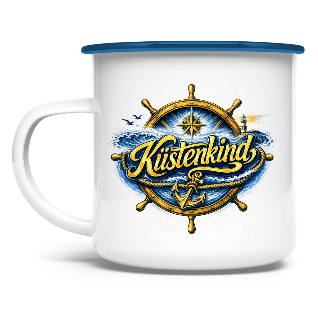 Emaille Tasse  Küstenkind #601 blau-gold
