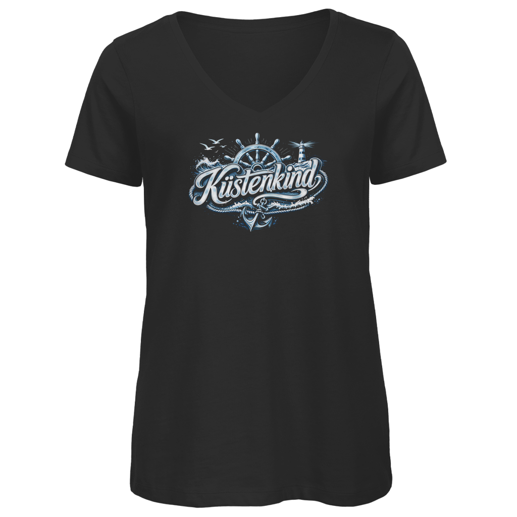 T-Shirt Damen V-Neck  Küstenkind #601 blau-silber
