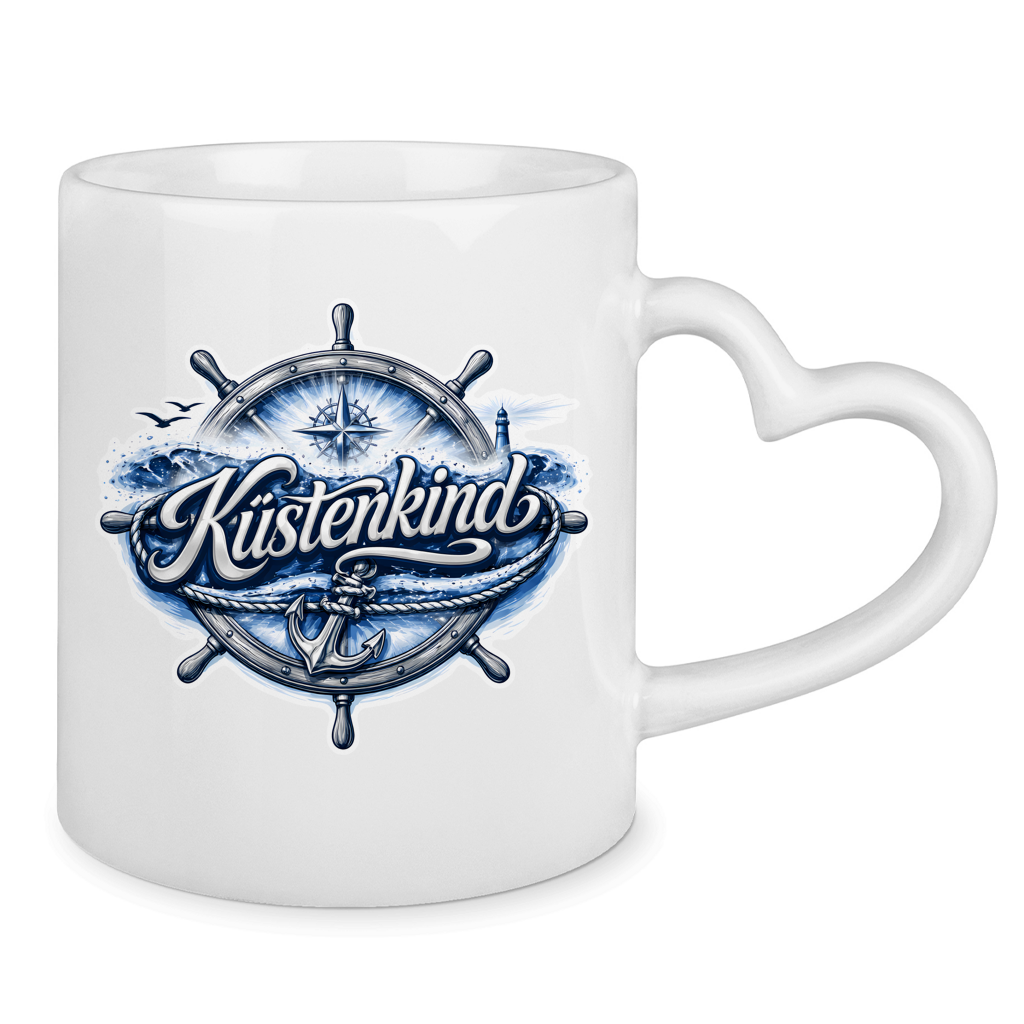 Keramik-Tasse mit Herzhenkel Küstenkind #601 blau-silber