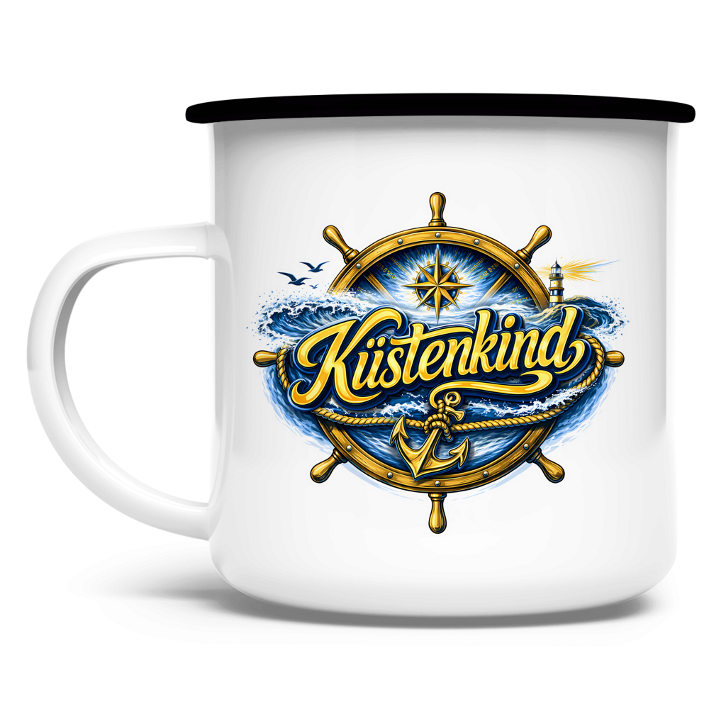 Emaille Tasse  Küstenkind #601 blau-gold