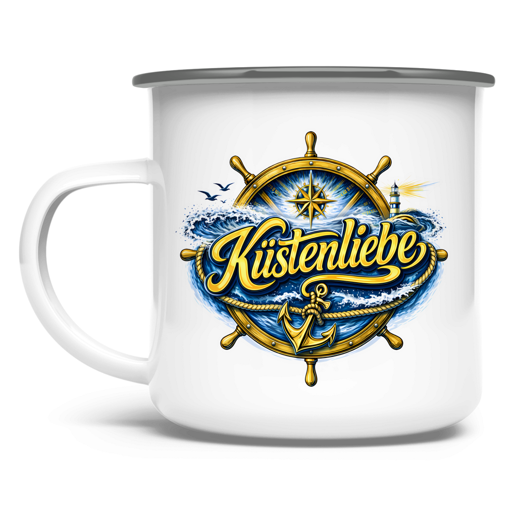 Emaille Tasse  Küstenliebe #602 blau-gold