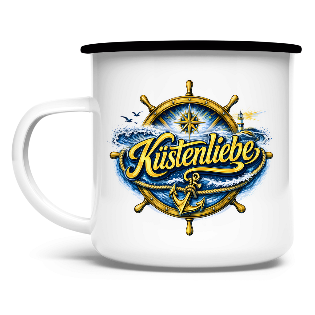 Emaille Tasse  Küstenliebe #602 blau-gold