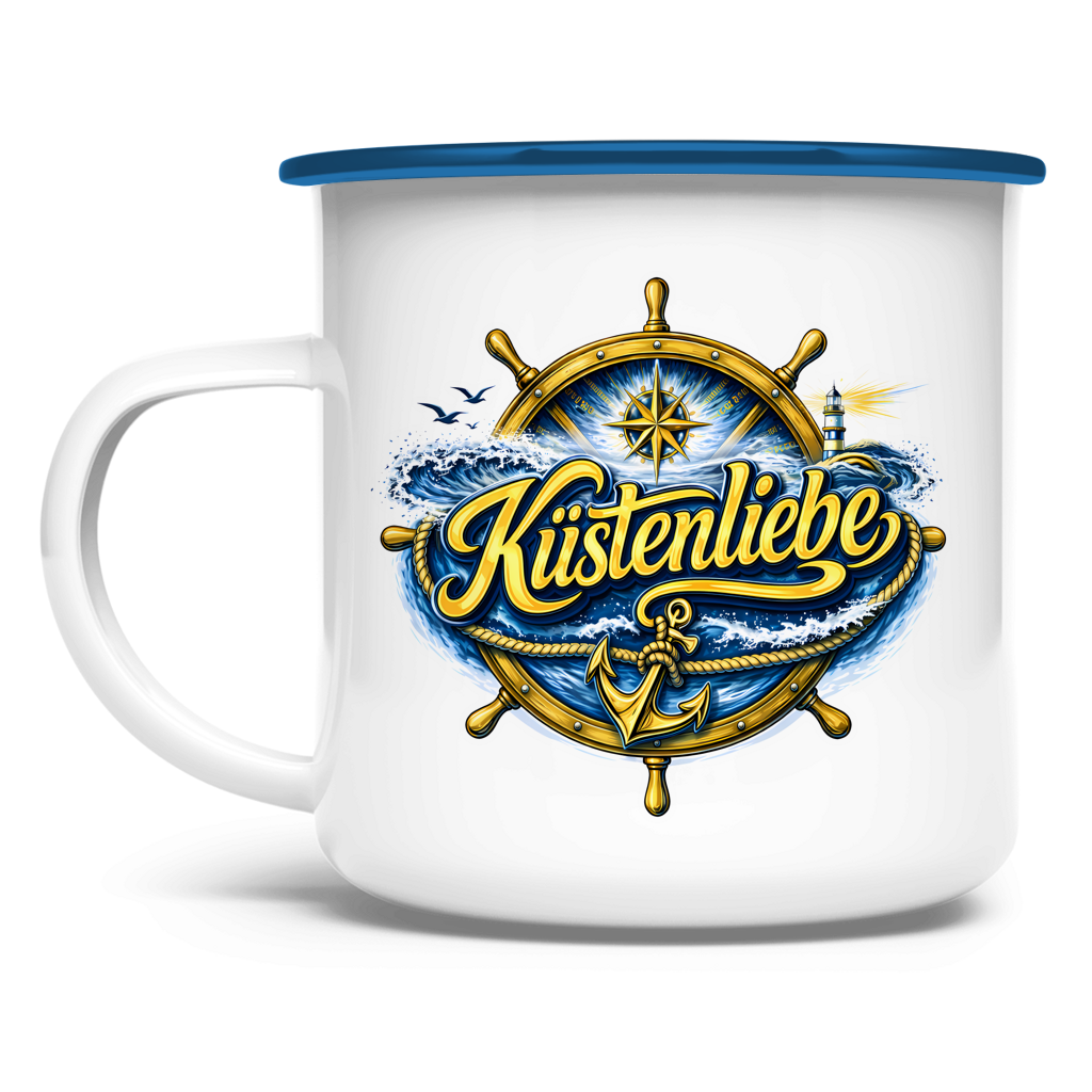 Emaille Tasse  Küstenliebe #602 blau-gold