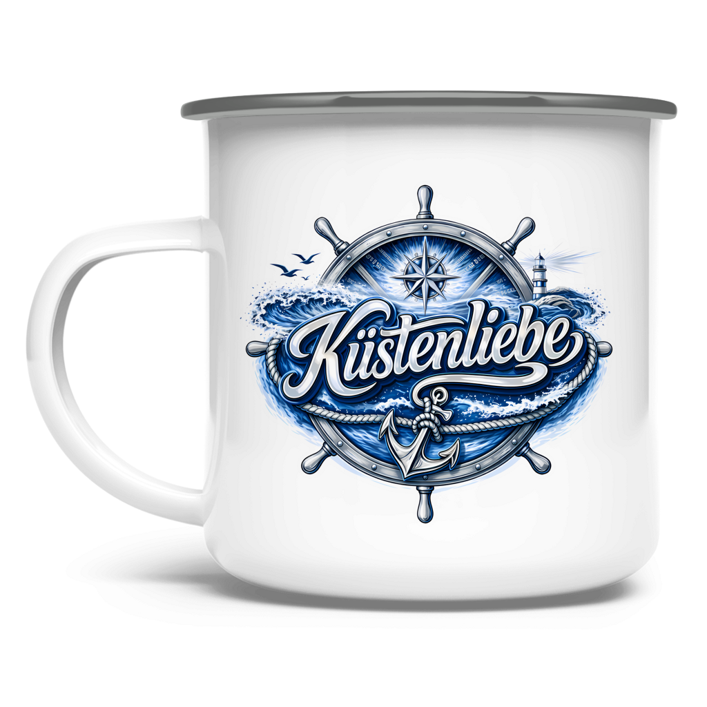 Emaille Tasse  Küstenliebe #602 blau-silber