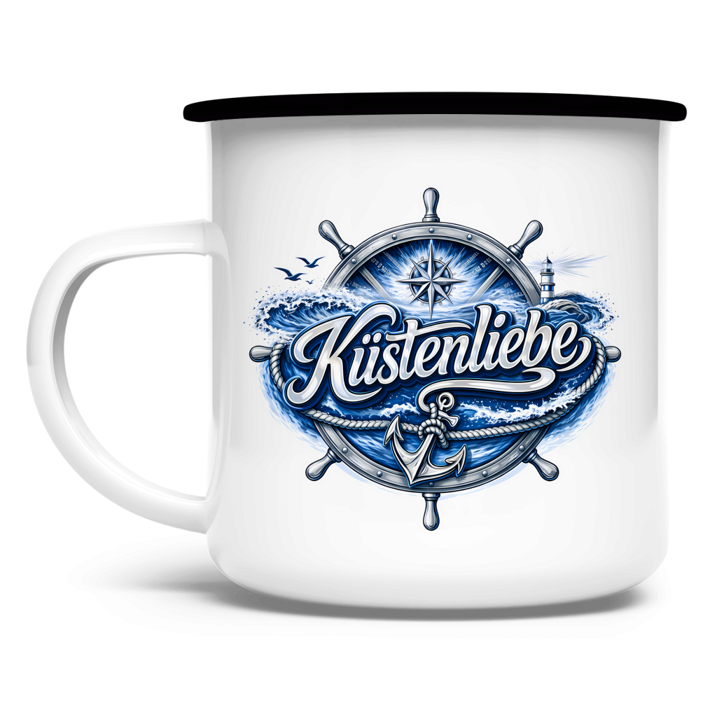 Emaille Tasse  Küstenliebe #602 blau-silber