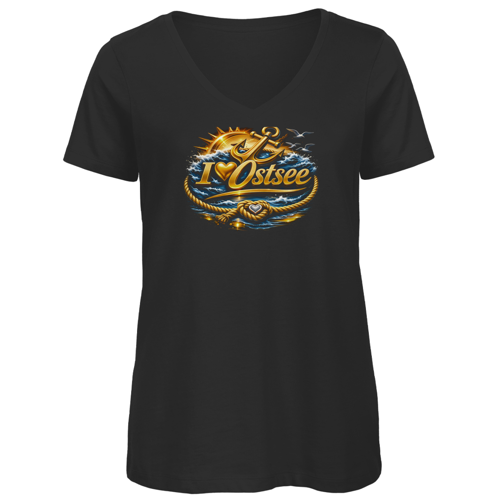 T-Shirt Damen V-Neck  love Ostsee #607 gold