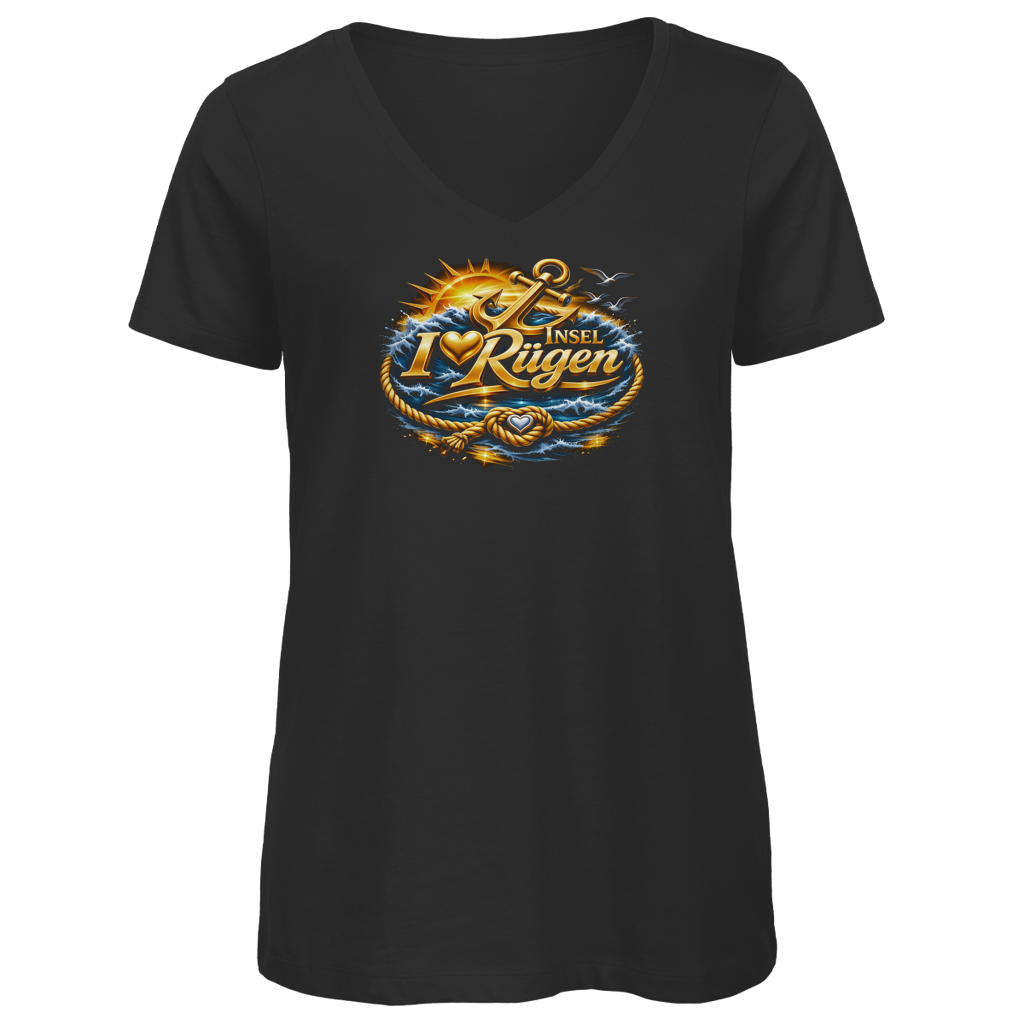 T-Shirt Damen V-Neck  love Rügen #607 gold