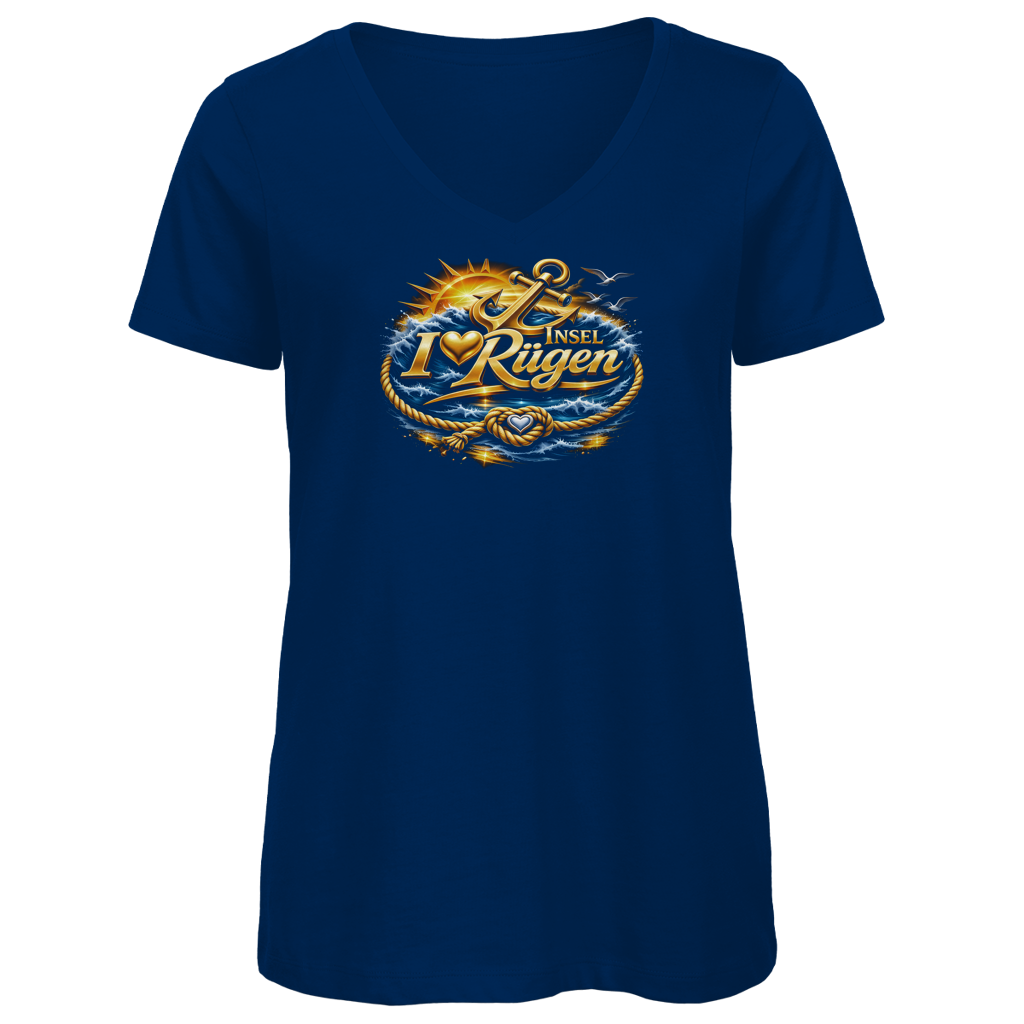 T-Shirt Damen V-Neck  love Rügen #607 gold