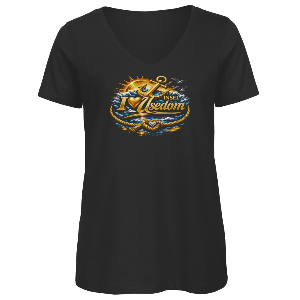 T-Shirt Damen V-Neck  love Usedom #607 gold