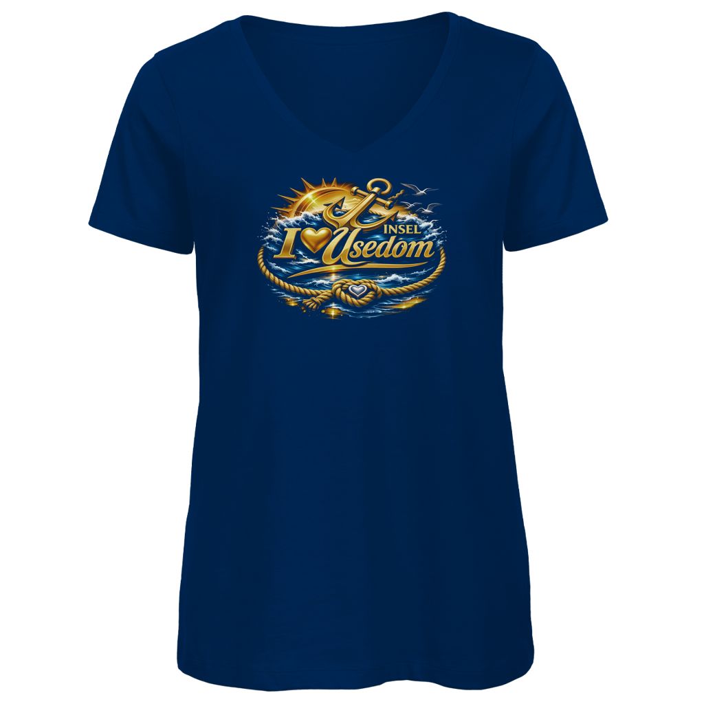 T-Shirt Damen V-Neck  love Usedom #607 gold