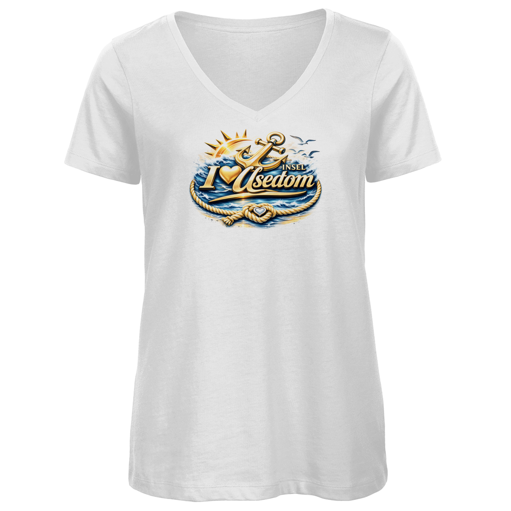 T-Shirt Damen V-Neck  love Usedom #607 gold