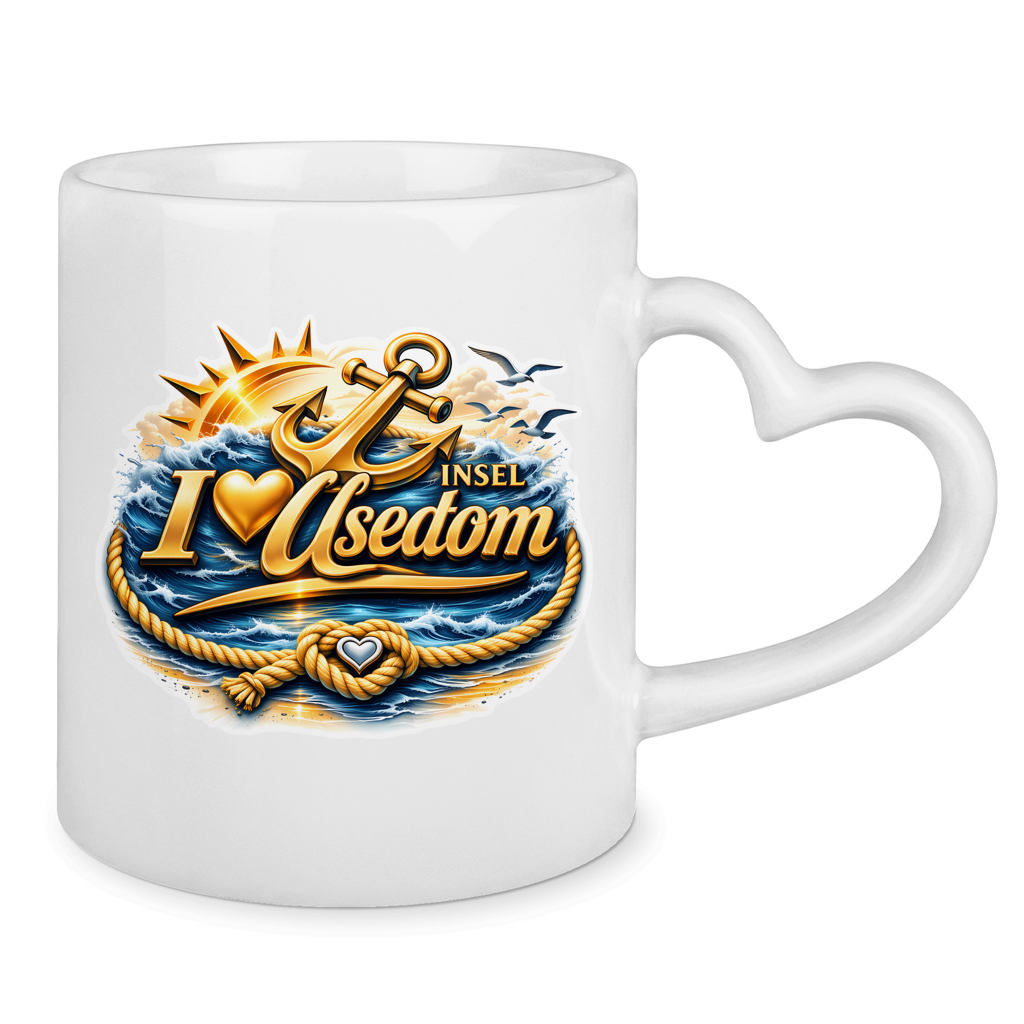 Keramik-Tasse mit Herzhenkel  love Usedom #607 gold