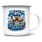 Emaille Tasse MOIN  Es klatscht gleich #564