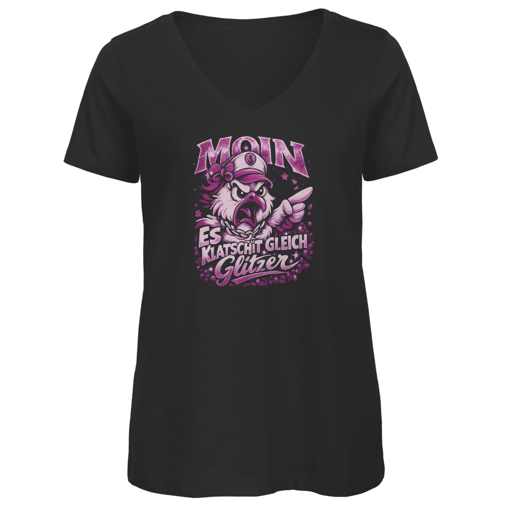 T-Shirt Damen V-Neck  Es klatscht gleich Glitzer #565