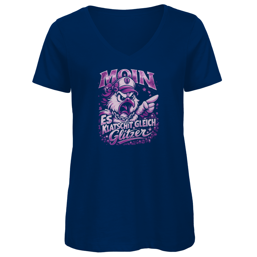 T-Shirt Damen V-Neck  Es klatscht gleich Glitzer #565