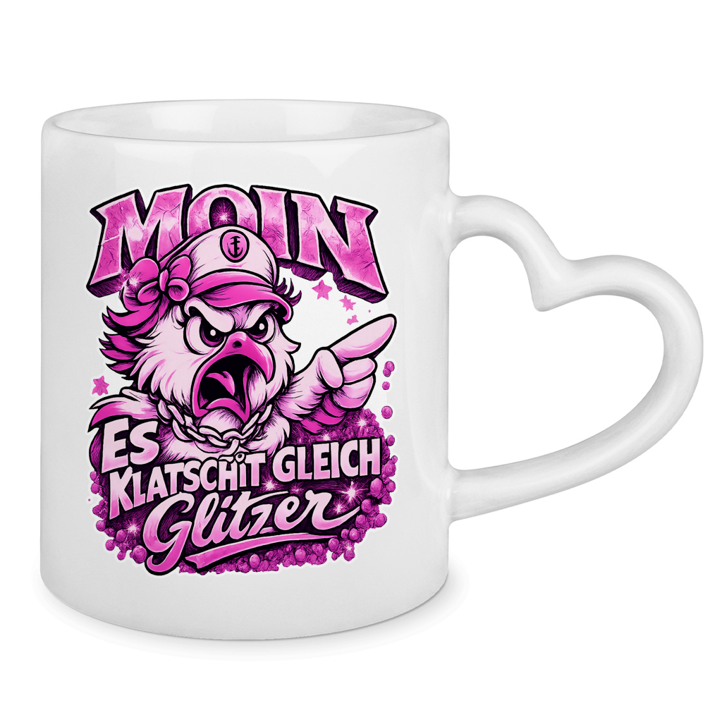 Keramik-Tasse mit Herzhenkel  Es klatscht gleich Glitzer #565