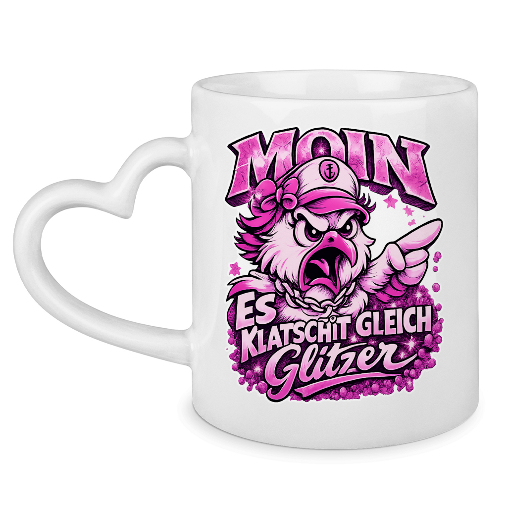 Keramik-Tasse mit Herzhenkel  Es klatscht gleich Glitzer #565